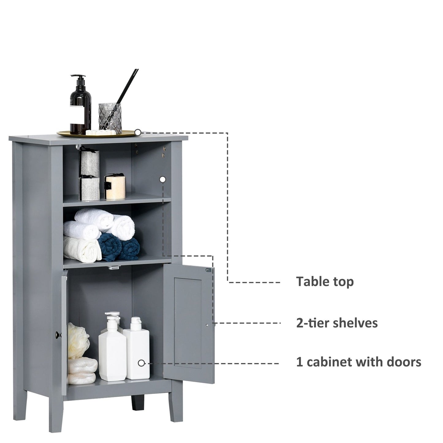 Mueble de baño de suelo con estantes ocultos de 2 niveles, color gris