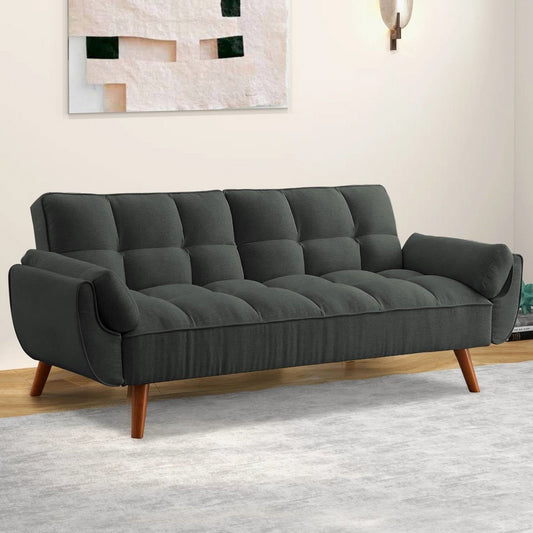 Sofá cama moderno de mediados de siglo en tapicería capitoné de lino poliéster gris oscuro