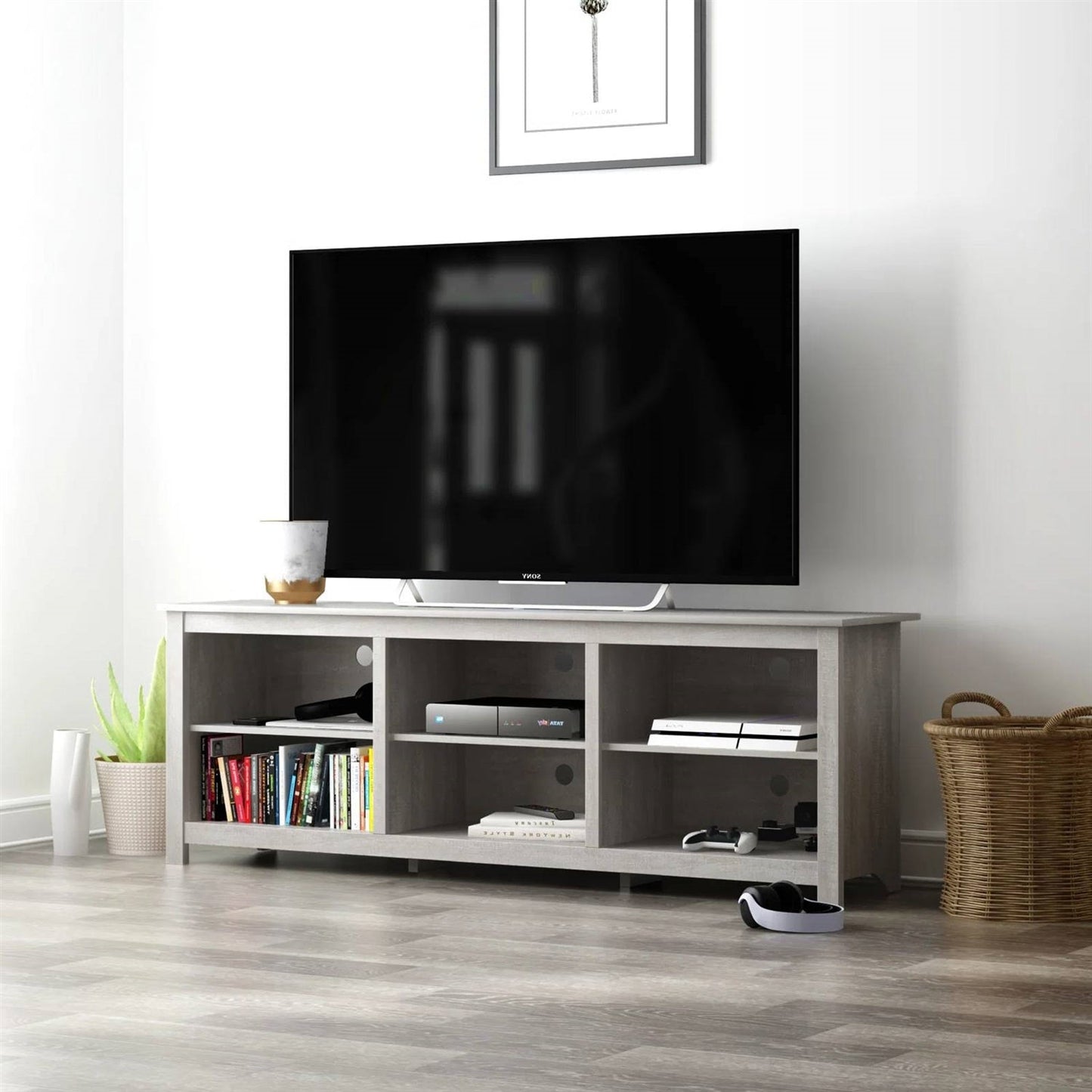 Mueble de TV estilo rústico en acabado de madera de roble gris claro - para televisores de hasta 70 pulgadas