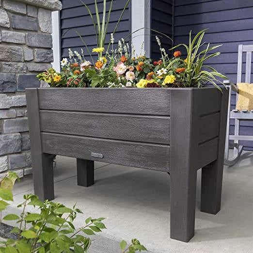 Jardinera elevada rectangular de plástico color expreso con bandejas extraíbles