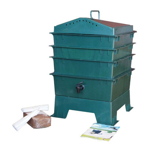 Compostador de lombrices de 3 bandejas de color verde oscuro con grifo para té de lombriz