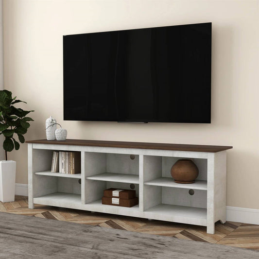 Mueble de TV de estilo rústico en roble gris con tapa de madera marrón para televisores de hasta 70 pulgadas