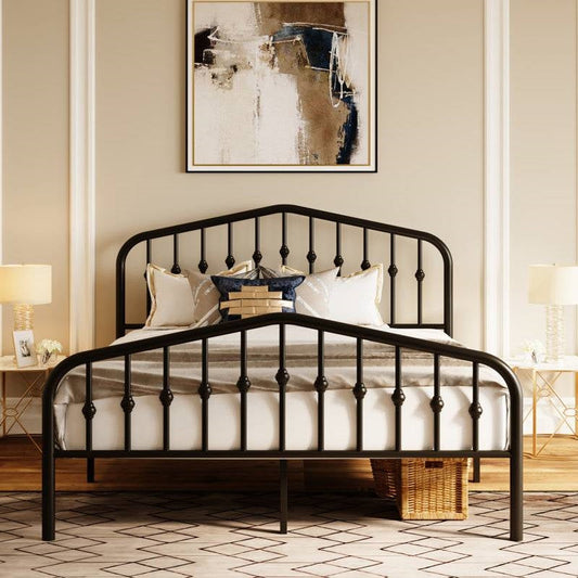 Cama de plataforma Queen Farmhouse de metal negro con husillos, cabecero y piecero