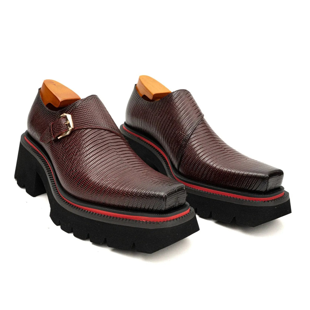 Burgundy Lizard-Embossed Cow Leather Monk Shoes