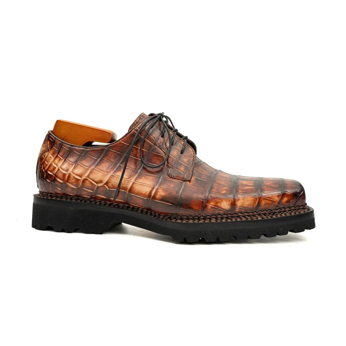 Brown-Black Crocodile Leather Derby Shoes