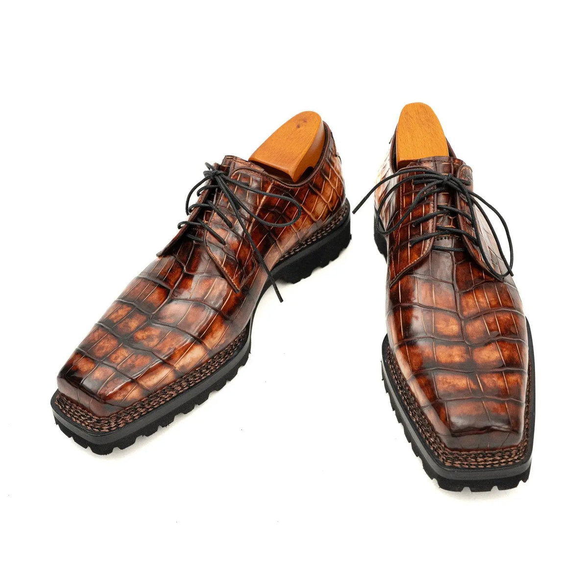 Brown-Black Crocodile Leather Derby Shoes