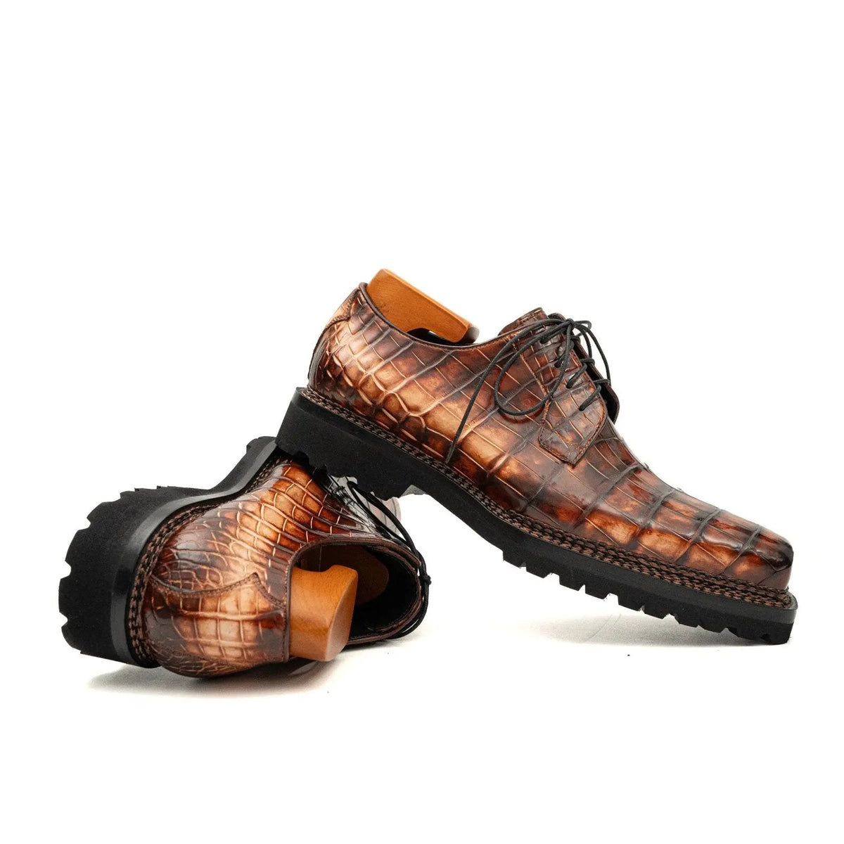 Brown-Black Crocodile Leather Derby Shoes