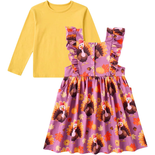 RAISEVERN 4T 5T Little Girl Thanksgiving Dresses Fall Outfits Long Sleeve Dress Set Toddler Clothes Winter 4-5T Years 2Pcs Casual Cute Theme Party - # GIAA211710013
