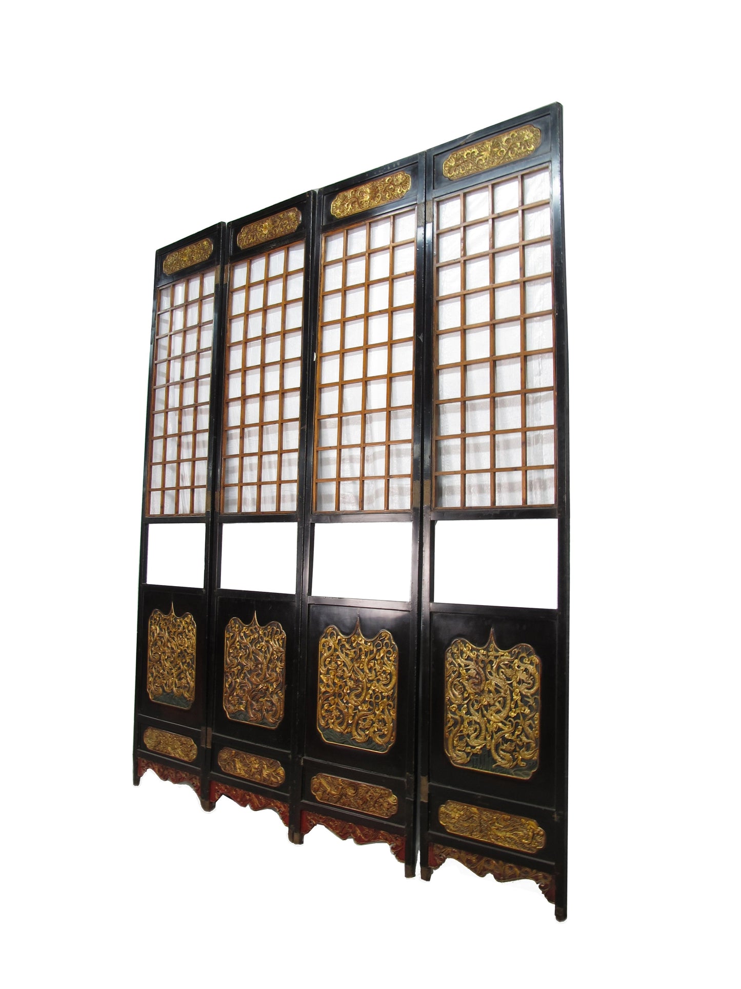 Antique Chinese Room Divider w Hand Carved & Gilded Dragons on Both Sides - Set of 4