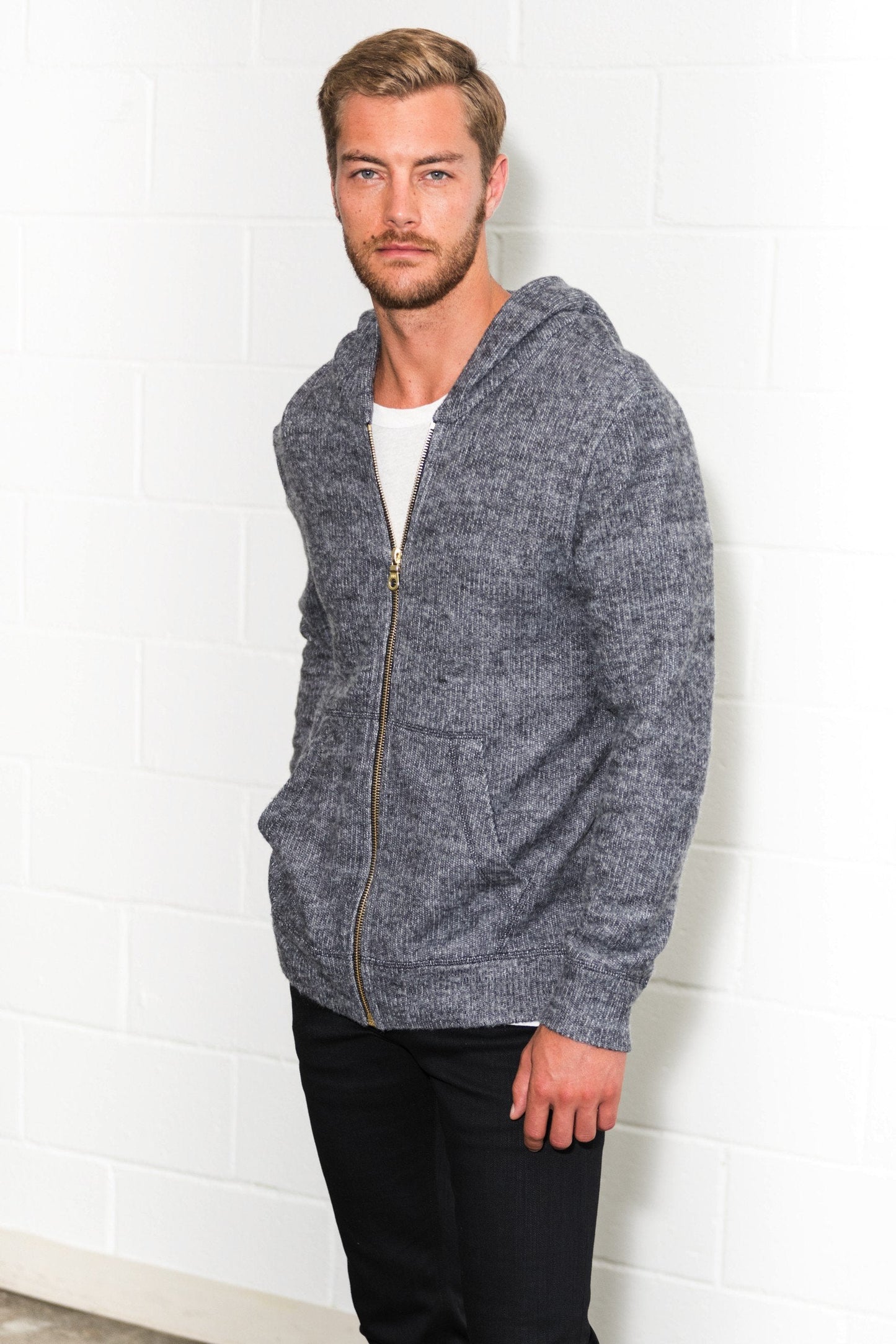 Sudadera con capucha de hombre de punto suave melange con cremallera frontal