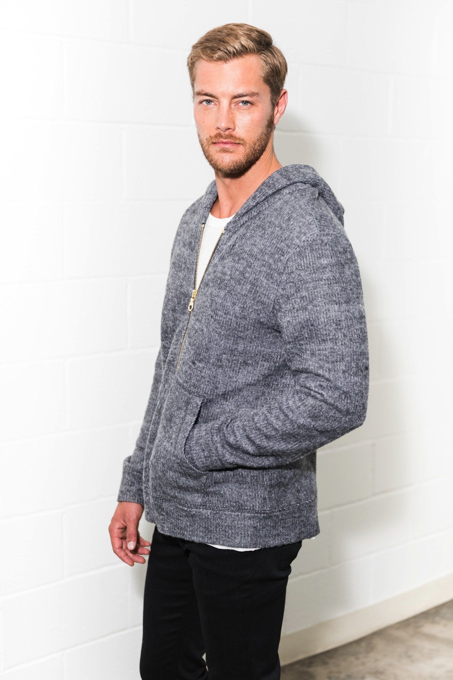 Sudadera con capucha de hombre de punto suave melange con cremallera frontal