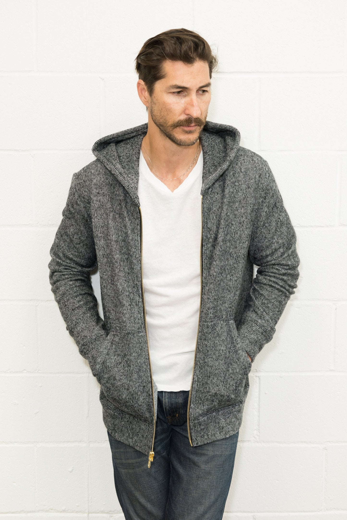 Sudadera con capucha de hombre de punto suave melange con cremallera frontal
