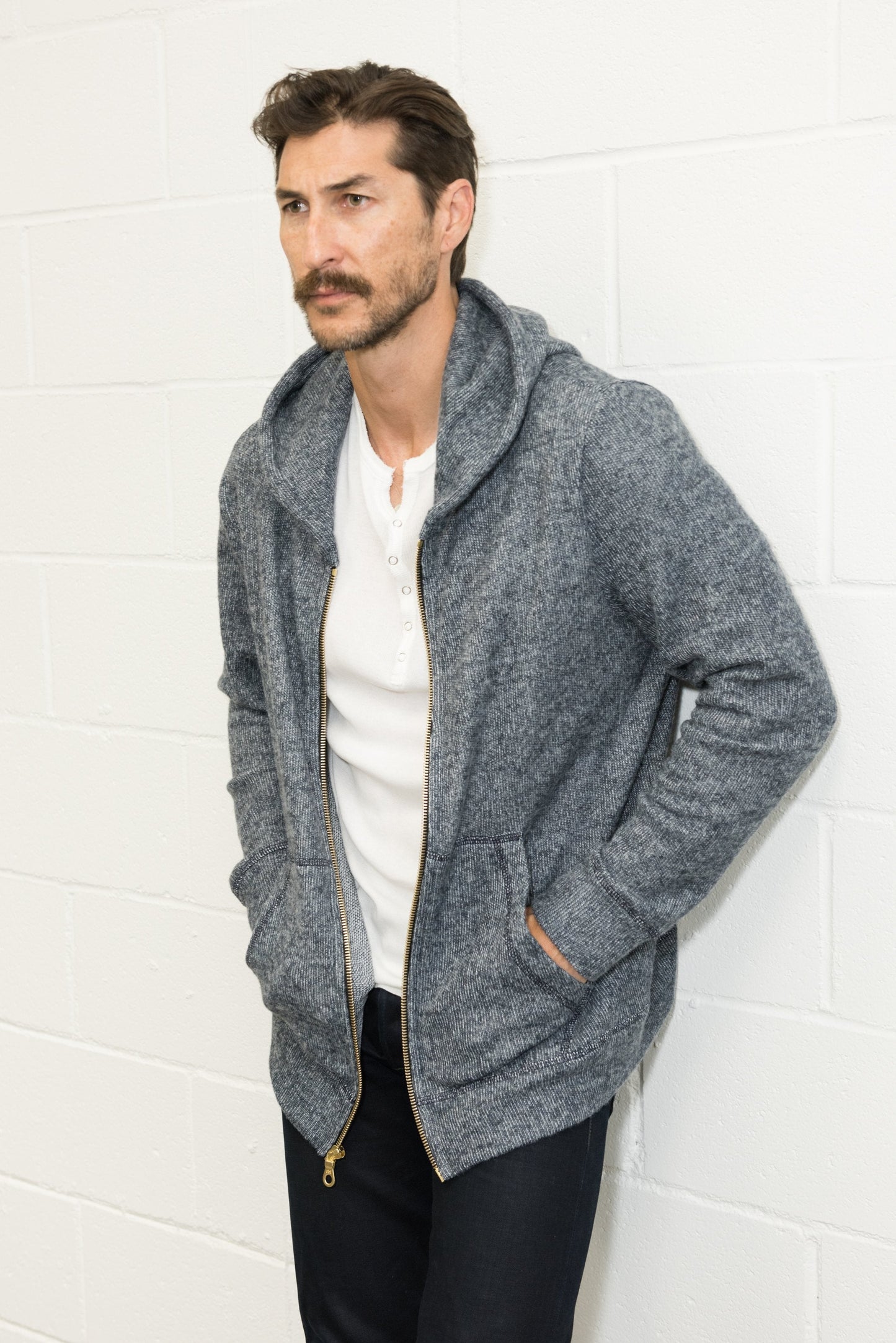 Sudadera con capucha de hombre de punto suave melange con cremallera frontal