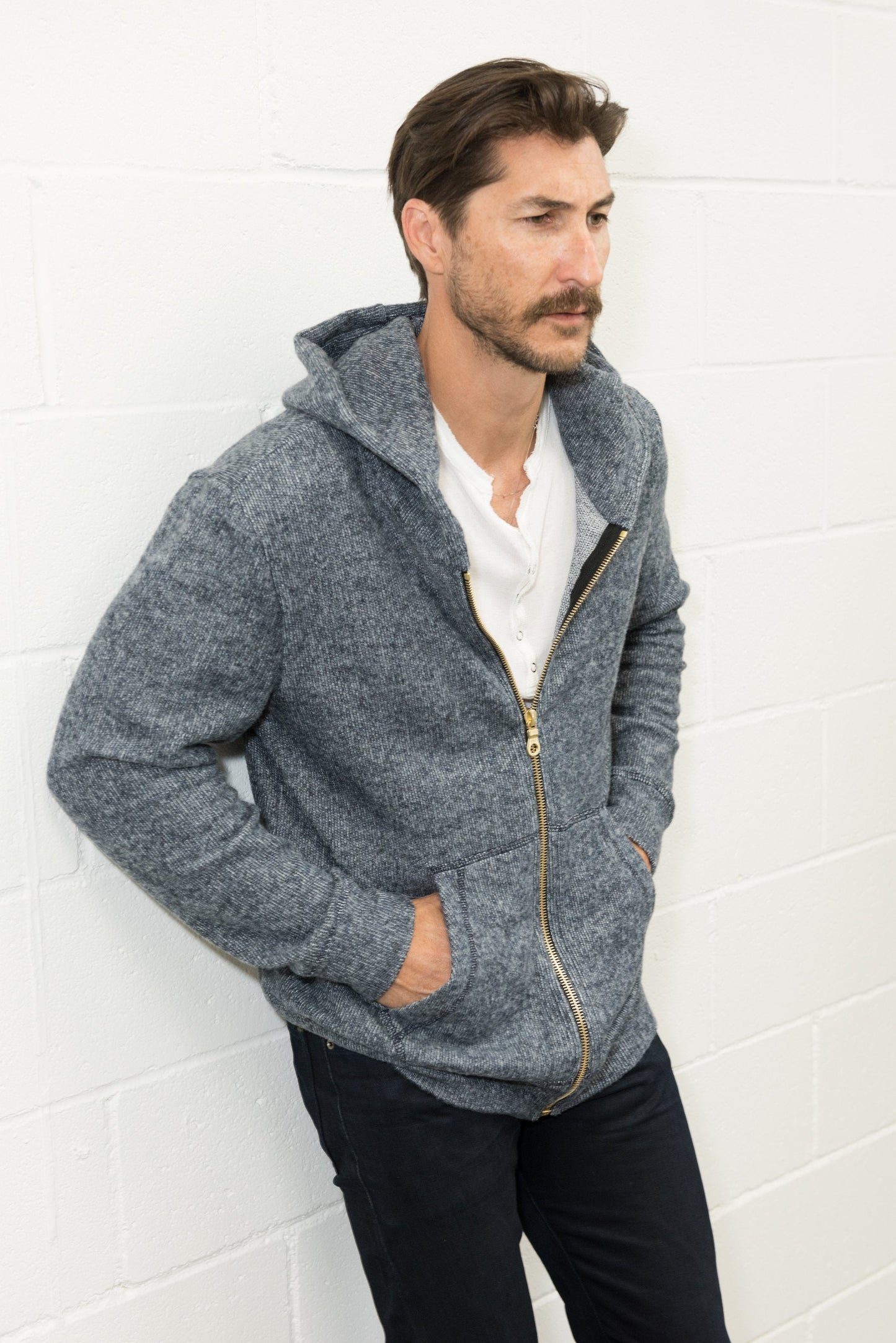 Sudadera con capucha de hombre de punto suave melange con cremallera frontal
