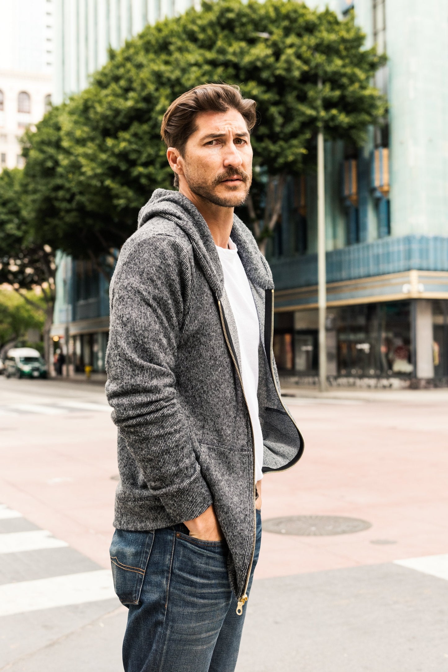 Sudadera con capucha de hombre de punto suave melange con cremallera frontal