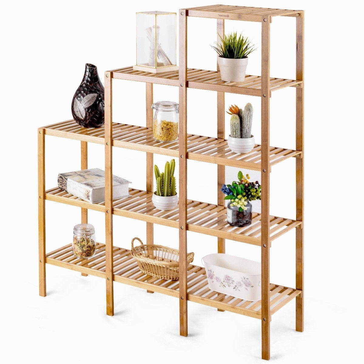 Estantería multiusos de 5 niveles de madera de bambú para plantas y almacenamiento