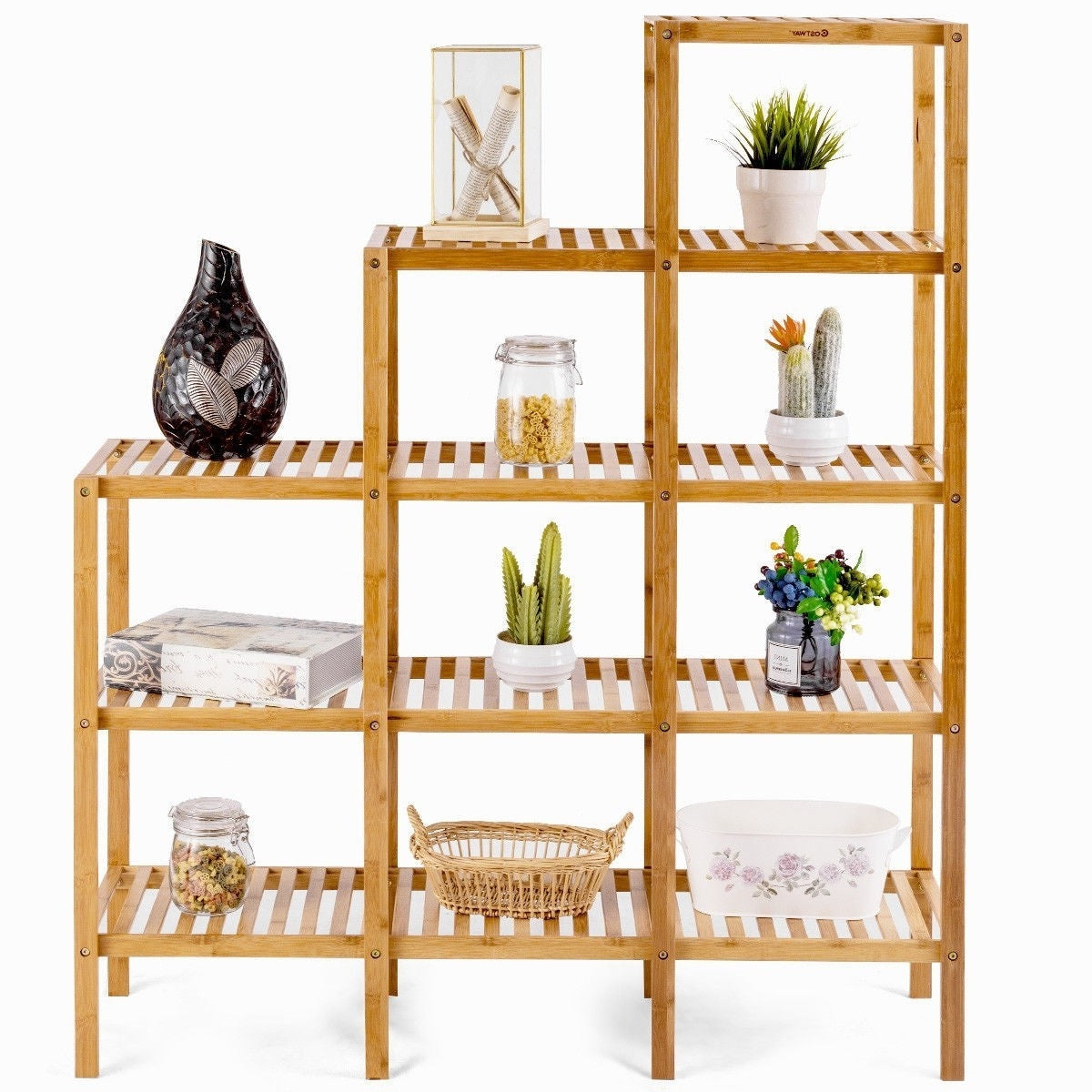 Estantería multiusos de 5 niveles de madera de bambú para plantas y almacenamiento