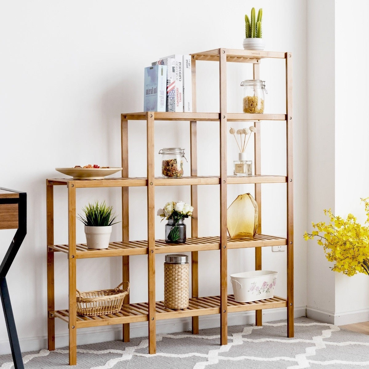 Estantería multiusos de 5 niveles de madera de bambú para plantas y almacenamiento