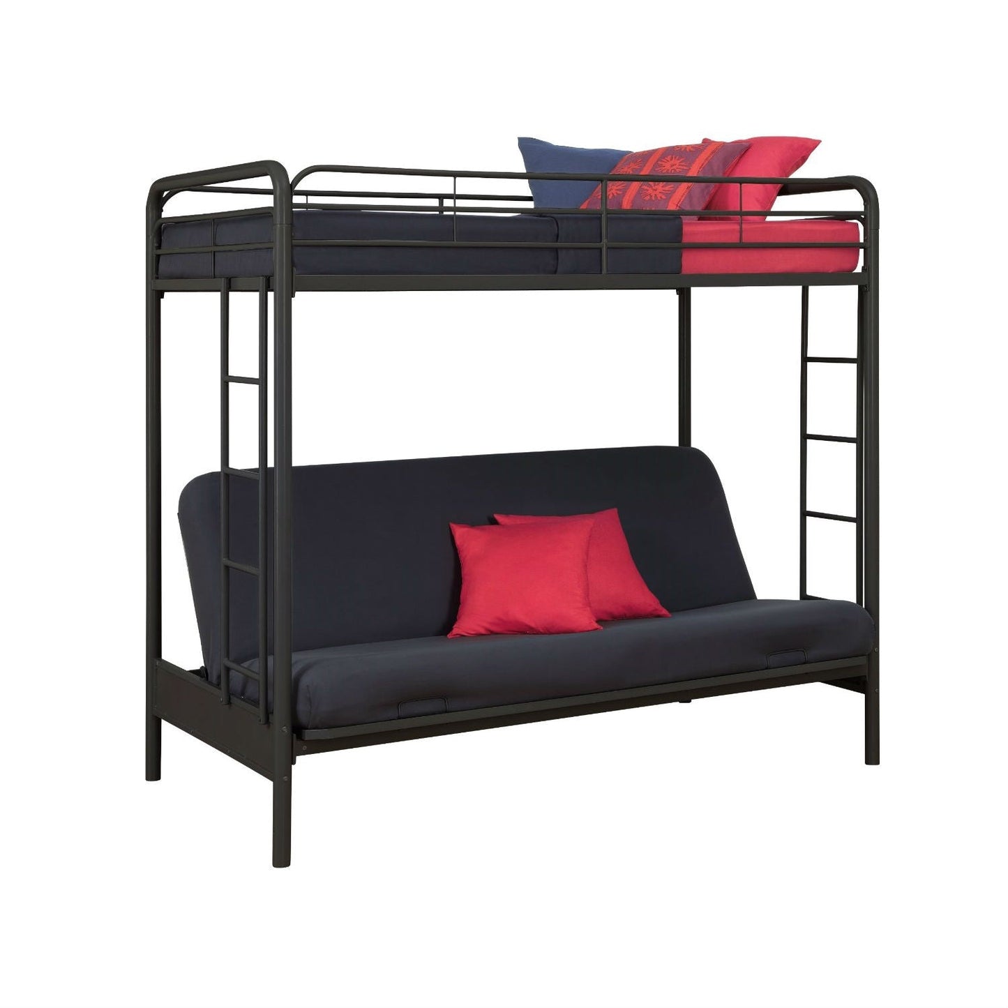 Litera-futón de metal negro con cama doble en la parte superior y cama de matrimonio en la inferior