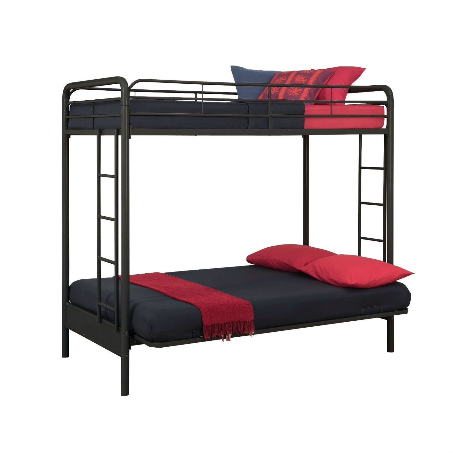 Litera-futón de metal negro con cama doble en la parte superior y cama de matrimonio en la inferior