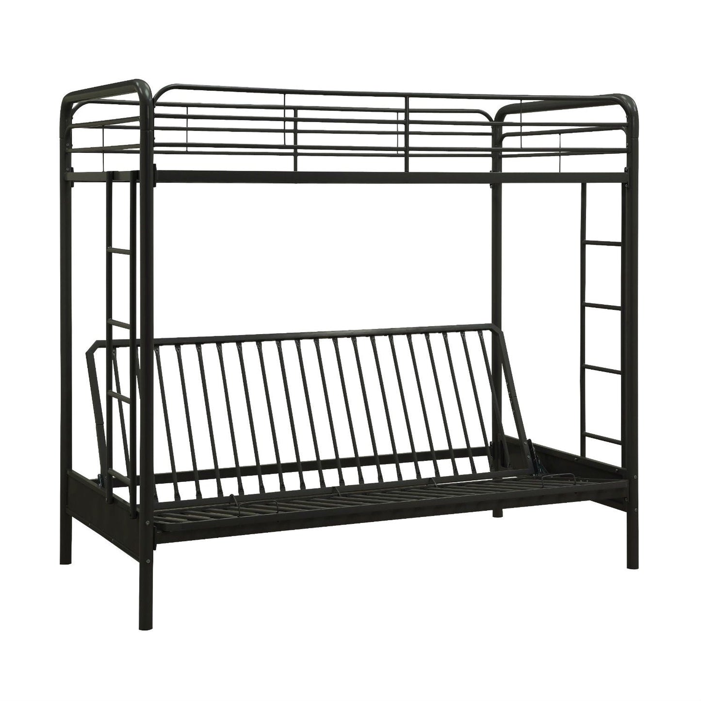 Litera-futón de metal negro con cama doble en la parte superior y cama de matrimonio en la inferior