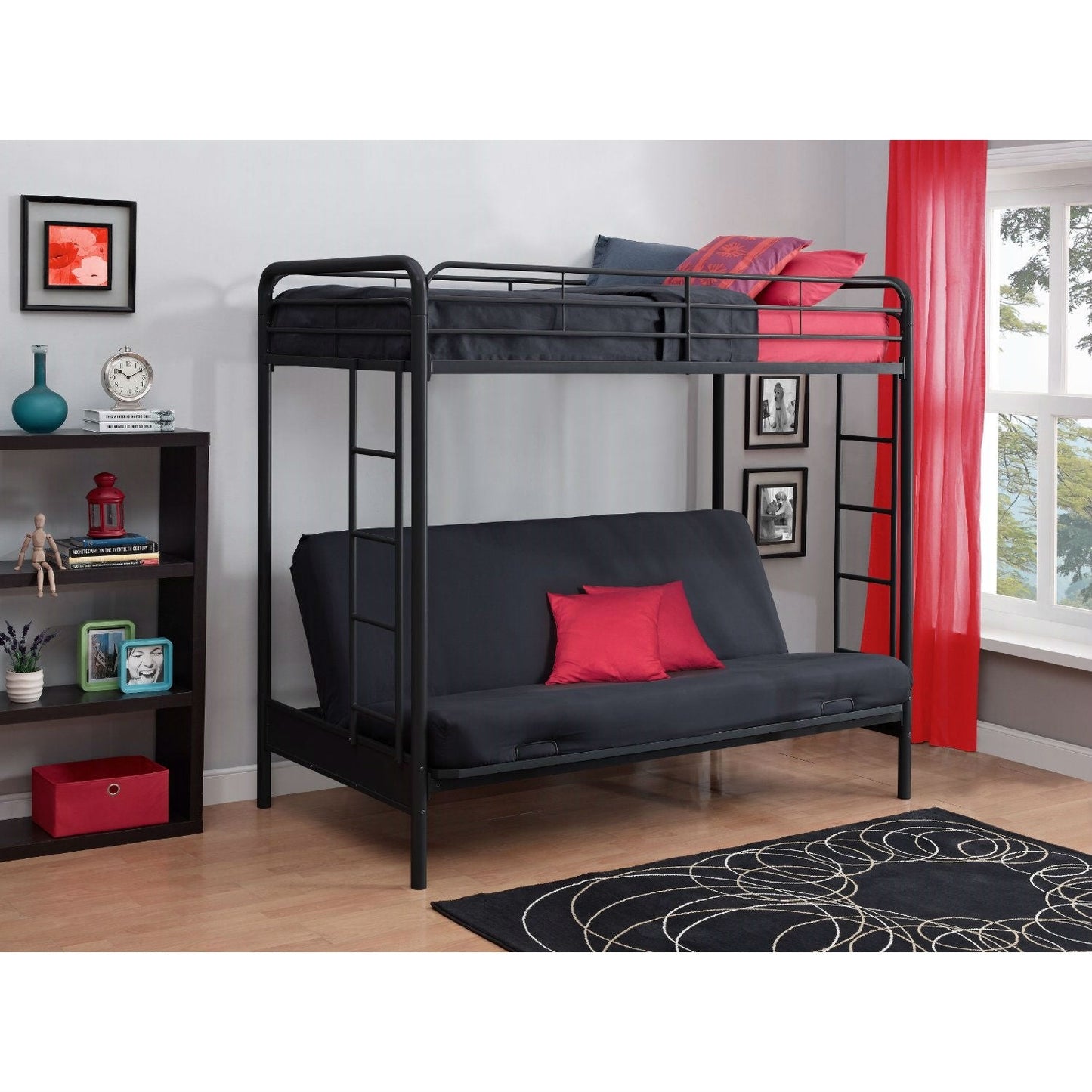 Litera-futón de metal negro con cama doble en la parte superior y cama de matrimonio en la inferior