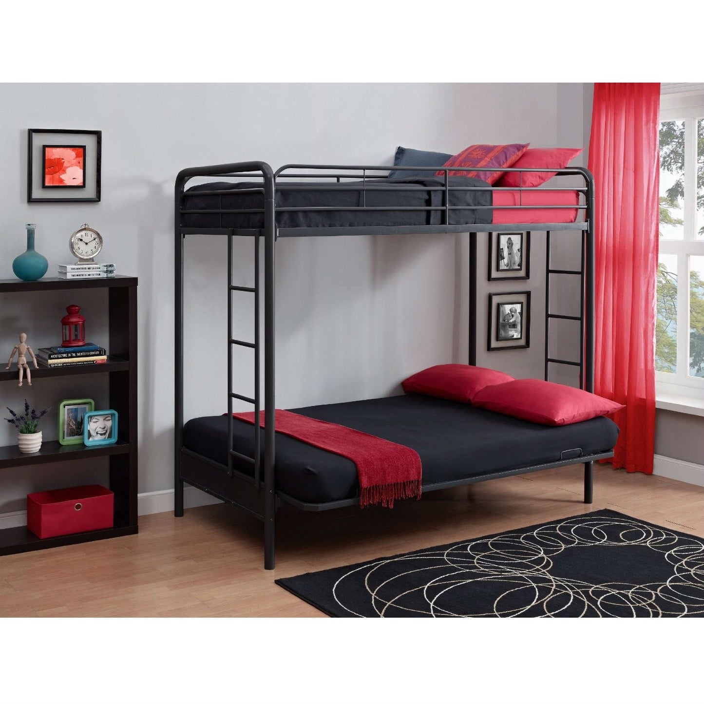 Litera-futón de metal negro con cama doble en la parte superior y cama de matrimonio en la inferior