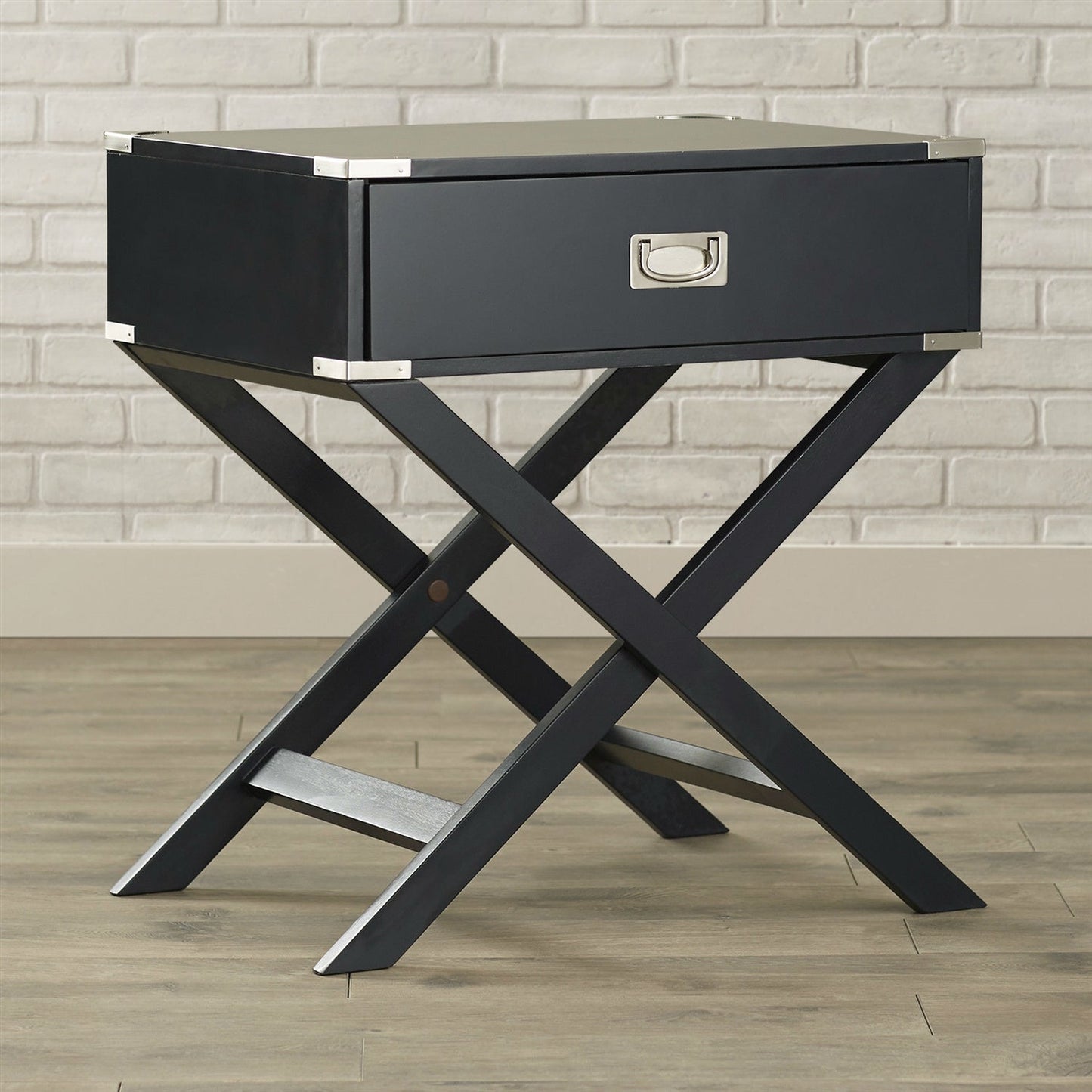 Mesa auxiliar/Mesita de noche gris oscuro/negra con 1 cajón y patas estilo X modernas y clásicas