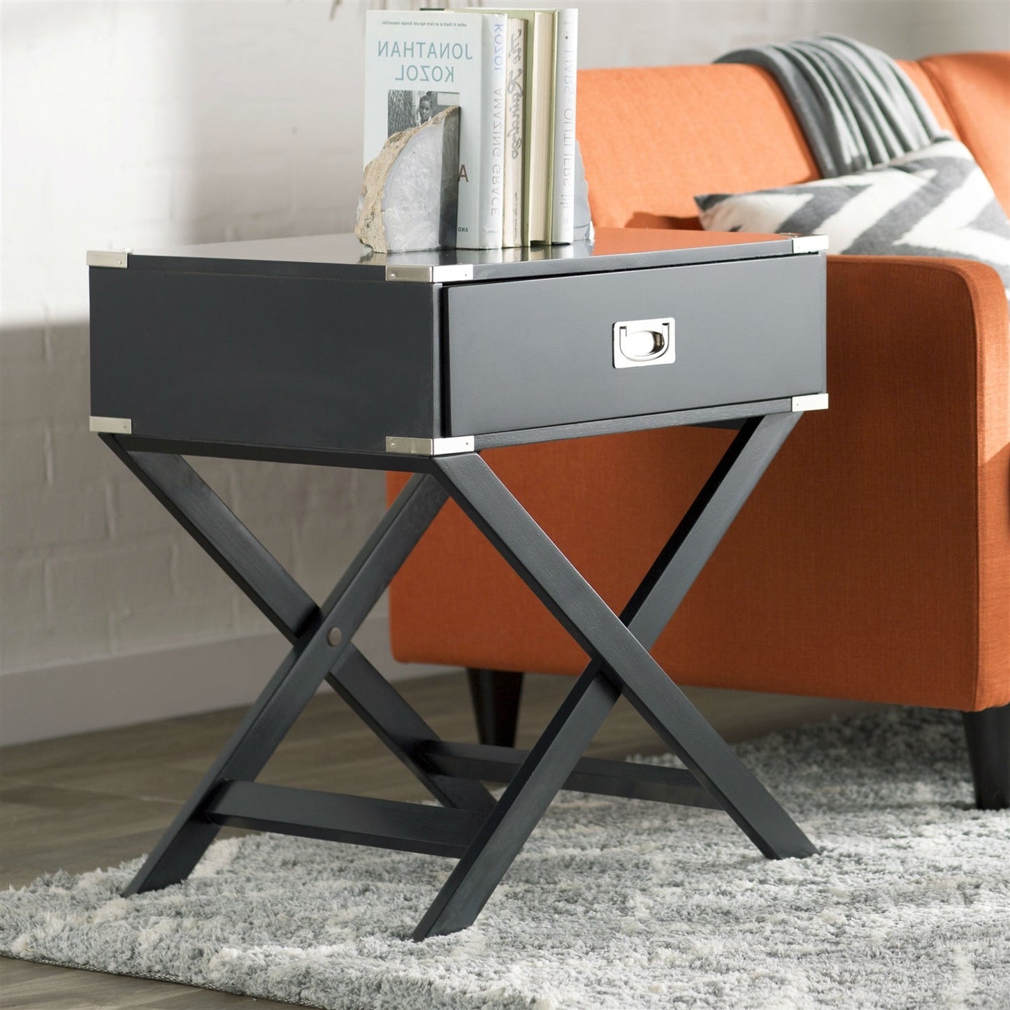 Mesa auxiliar/Mesita de noche gris oscuro/negra con 1 cajón y patas estilo X modernas y clásicas