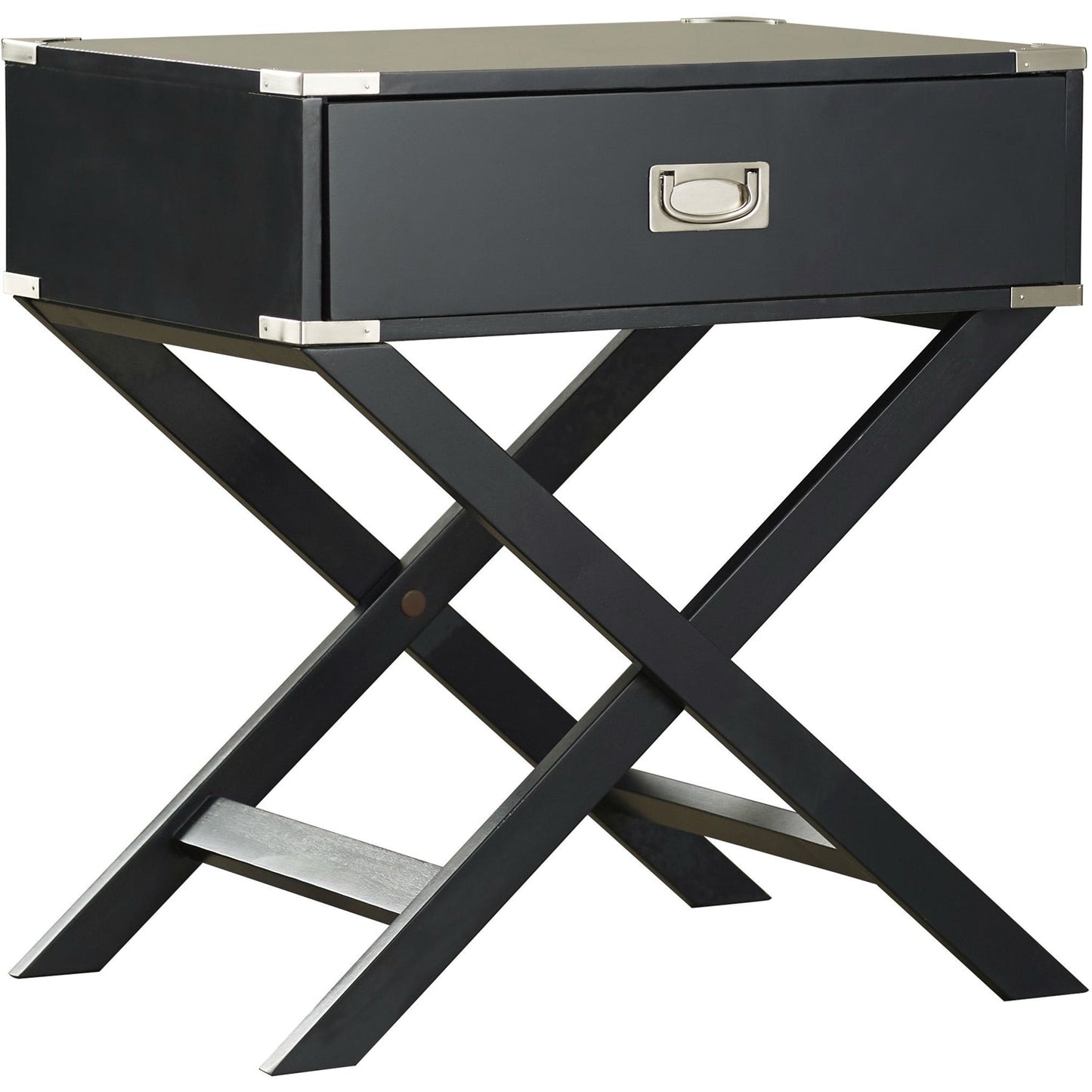 Mesa auxiliar/Mesita de noche gris oscuro/negra con 1 cajón y patas estilo X modernas y clásicas
