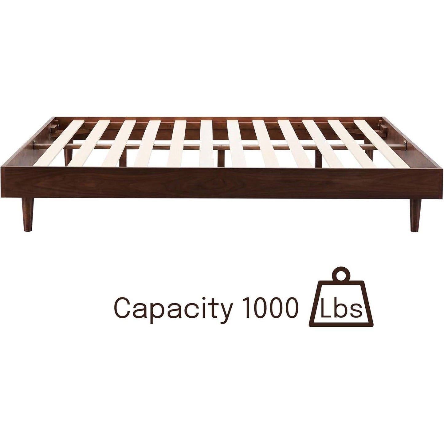 Base de cama King size de plataforma moderna de mediados de siglo con acabado en madera marrón oscuro