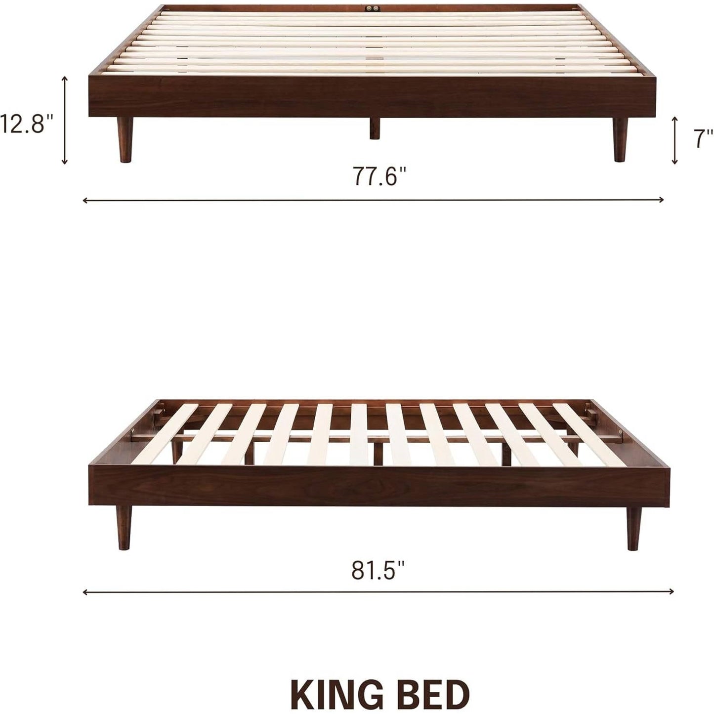 Base de cama King size de plataforma moderna de mediados de siglo con acabado en madera marrón oscuro