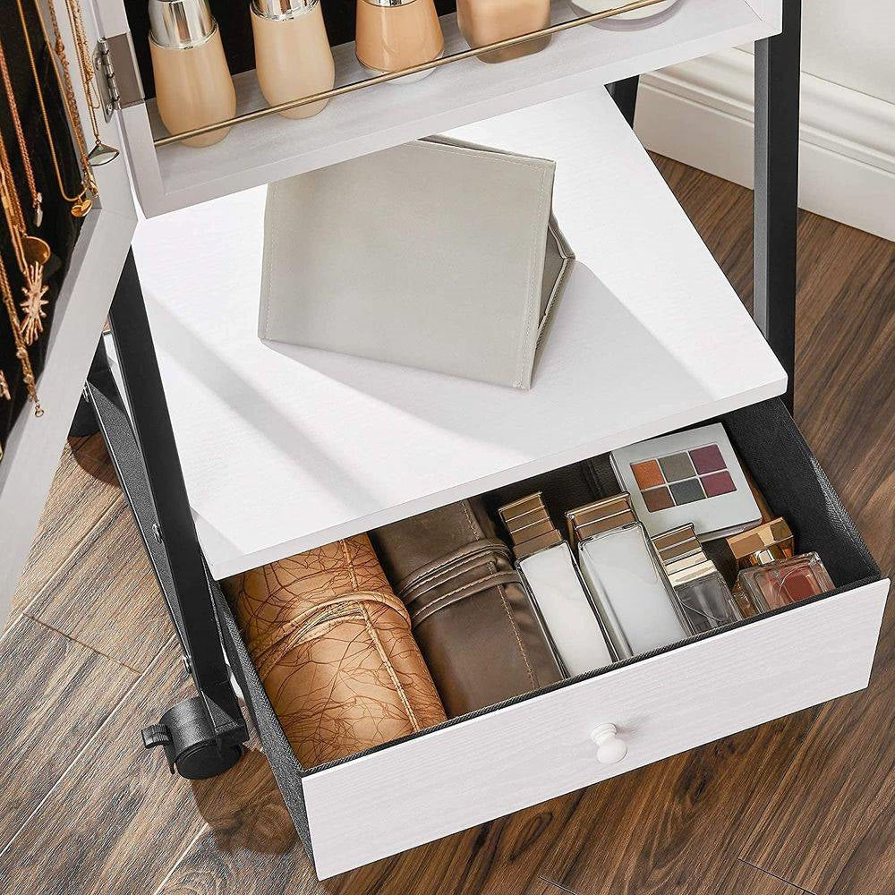 Joyero organizador de metal negro moderno y madera blanca con espejo sobre ruedas