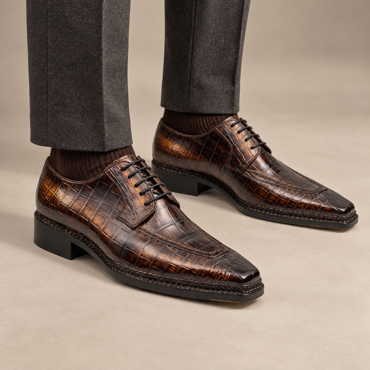 Dark Brown Apron-Toe Crocodile Leather Derby Shoes
