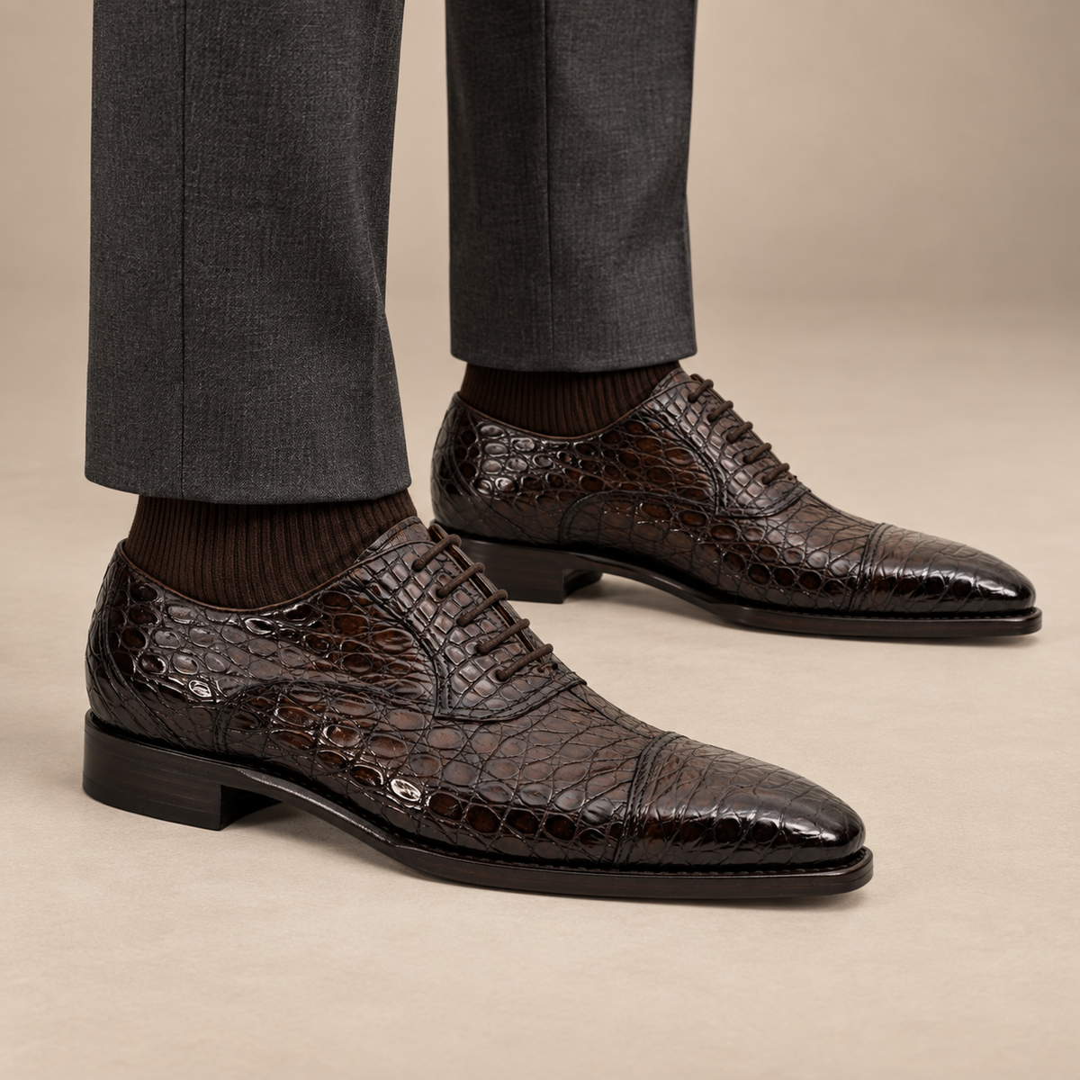Dark Brown Cap-Toe Crocodile Leather Oxford Shoes