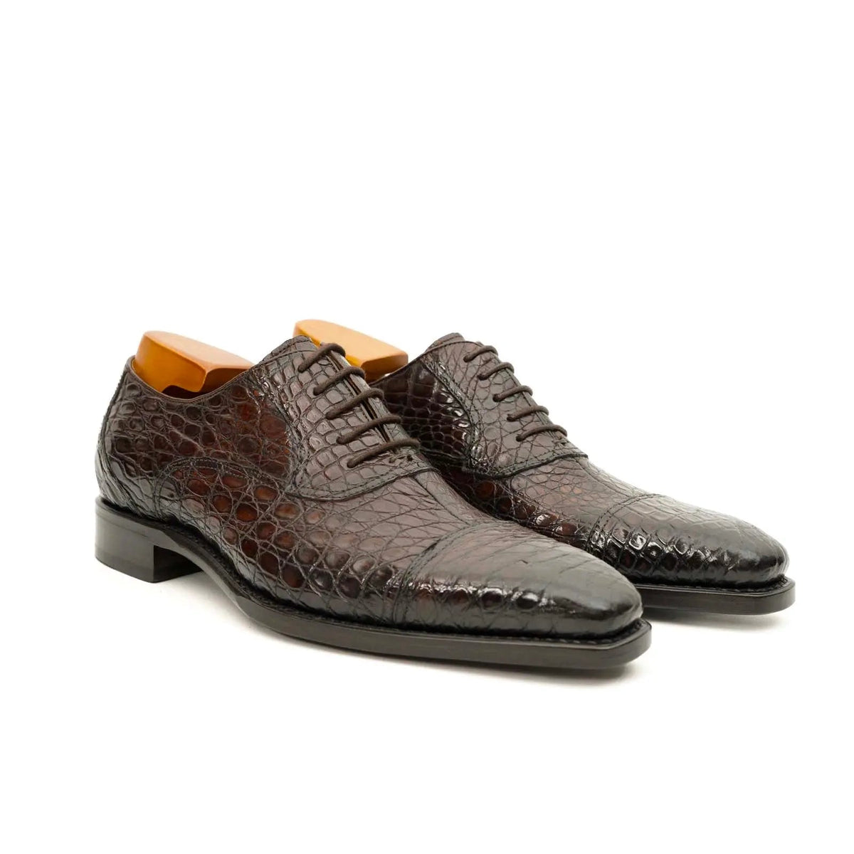 Dark Brown Textured Cap-Toe Oxford Shoe with Block Heel