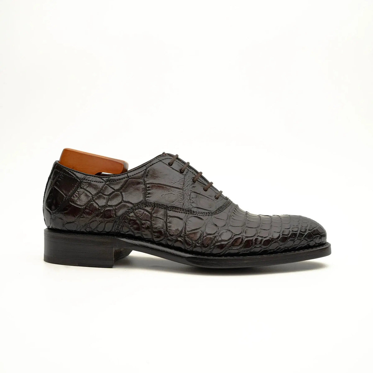 Dark Brown Plain-Toe Crocodile Leather Derby Shoes