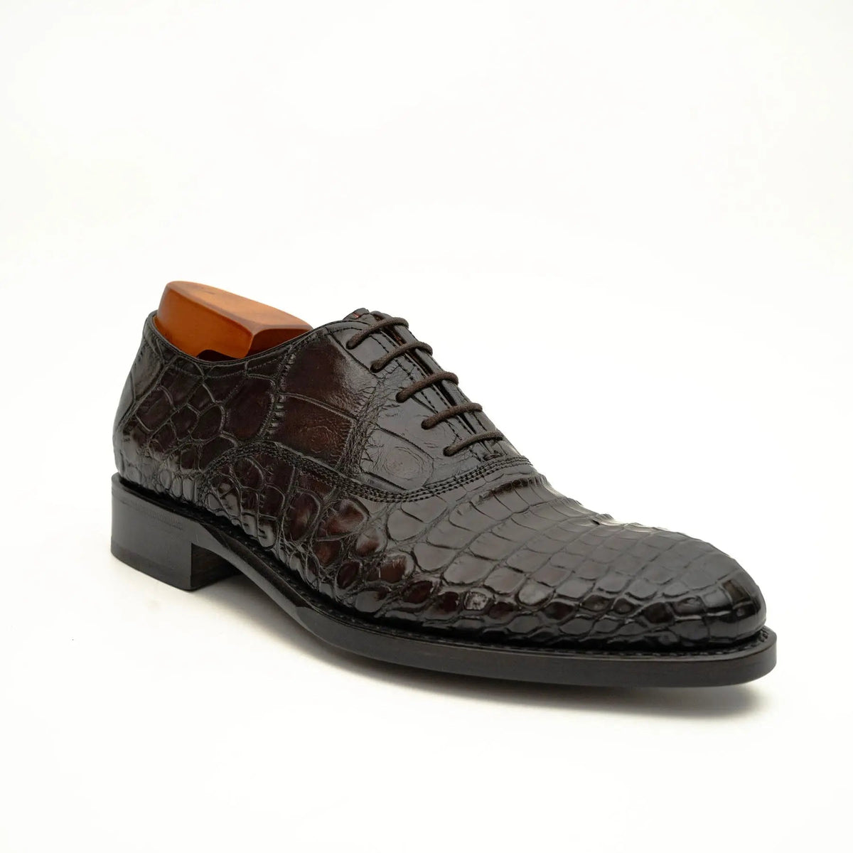 Dark Brown Plain-Toe Crocodile Leather Derby Shoes