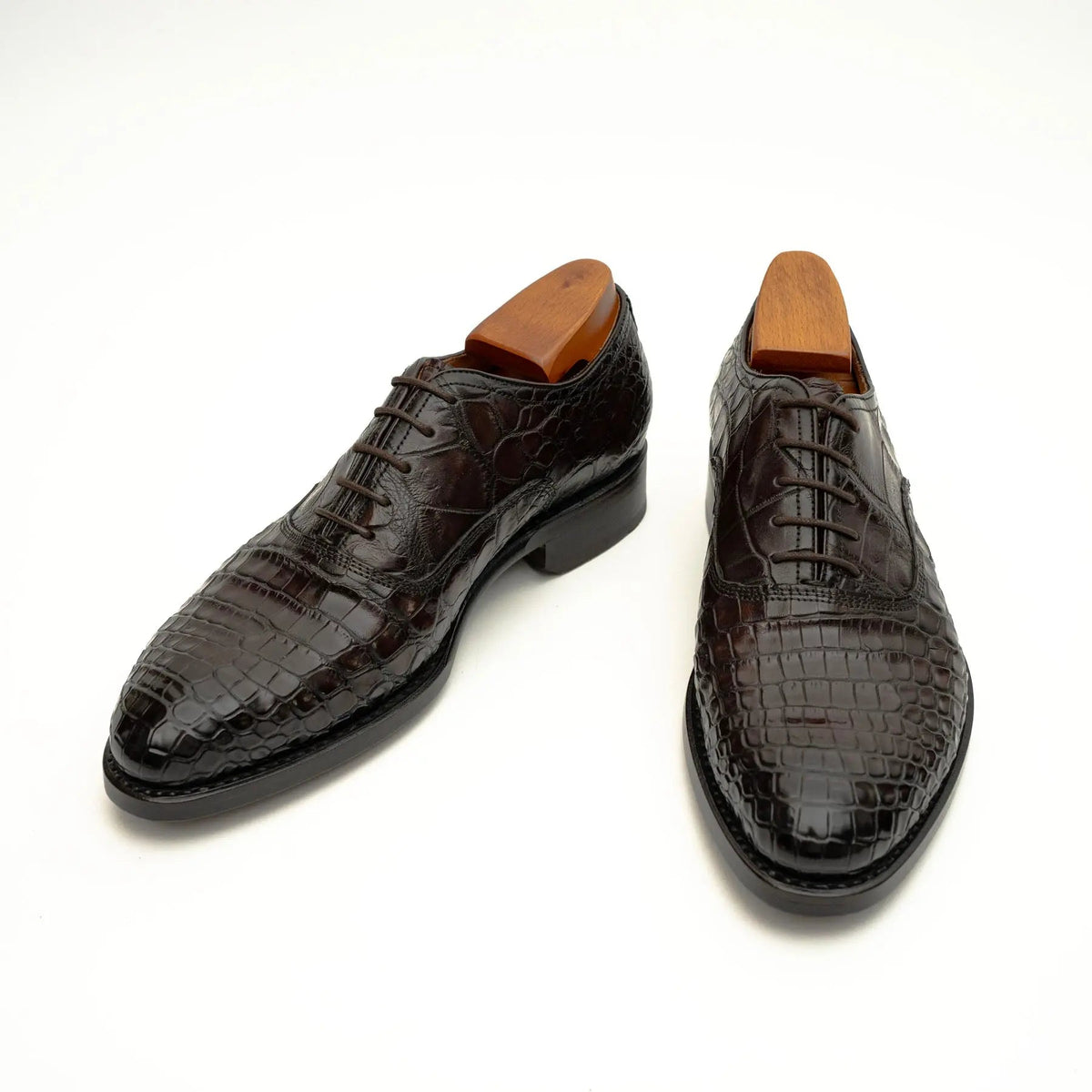 Dark Brown Plain-Toe Crocodile Leather Derby Shoes