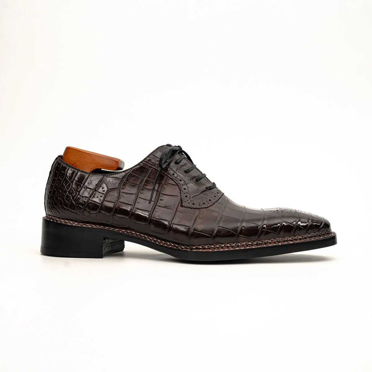 Dark Brown Plain-Toe Crocodile Leather Derby Shoes