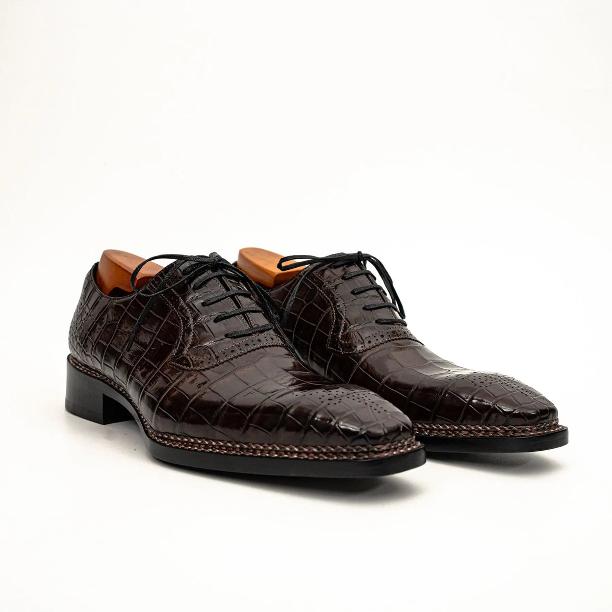 Dark Brown Plain-Toe Crocodile Leather Derby Shoes
