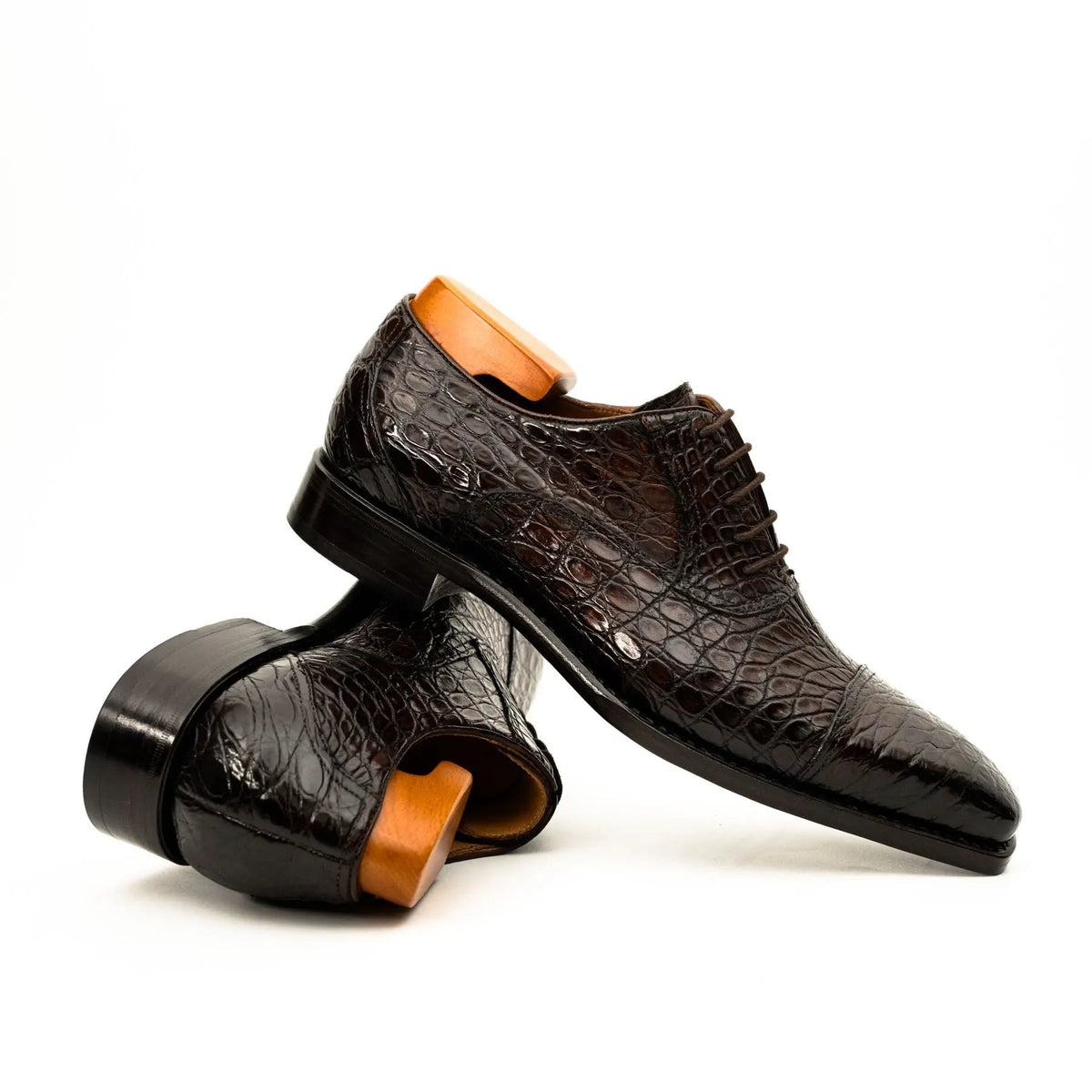 Dark Brown Cap-Toe Crocodile Leather Oxford Shoes