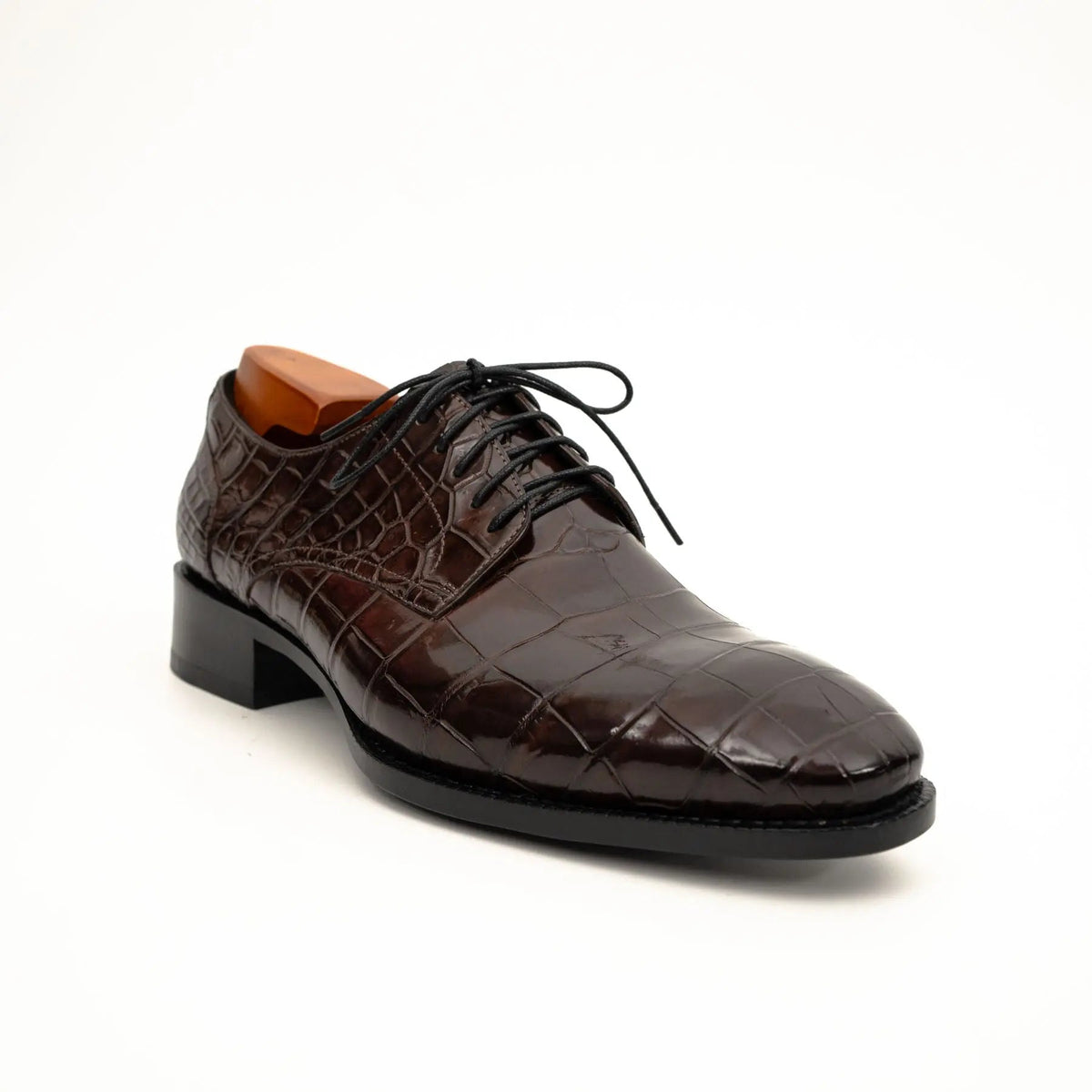 Dark Brown Plain-Toe Crocodile Leather Derby Shoes