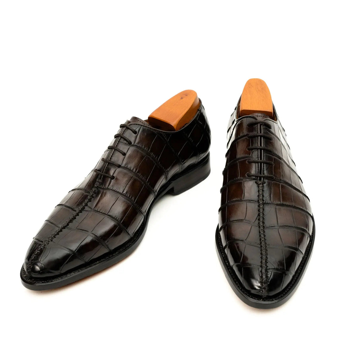 Dark Brown Square-Toe Crocodile Leather Oxford Shoes
