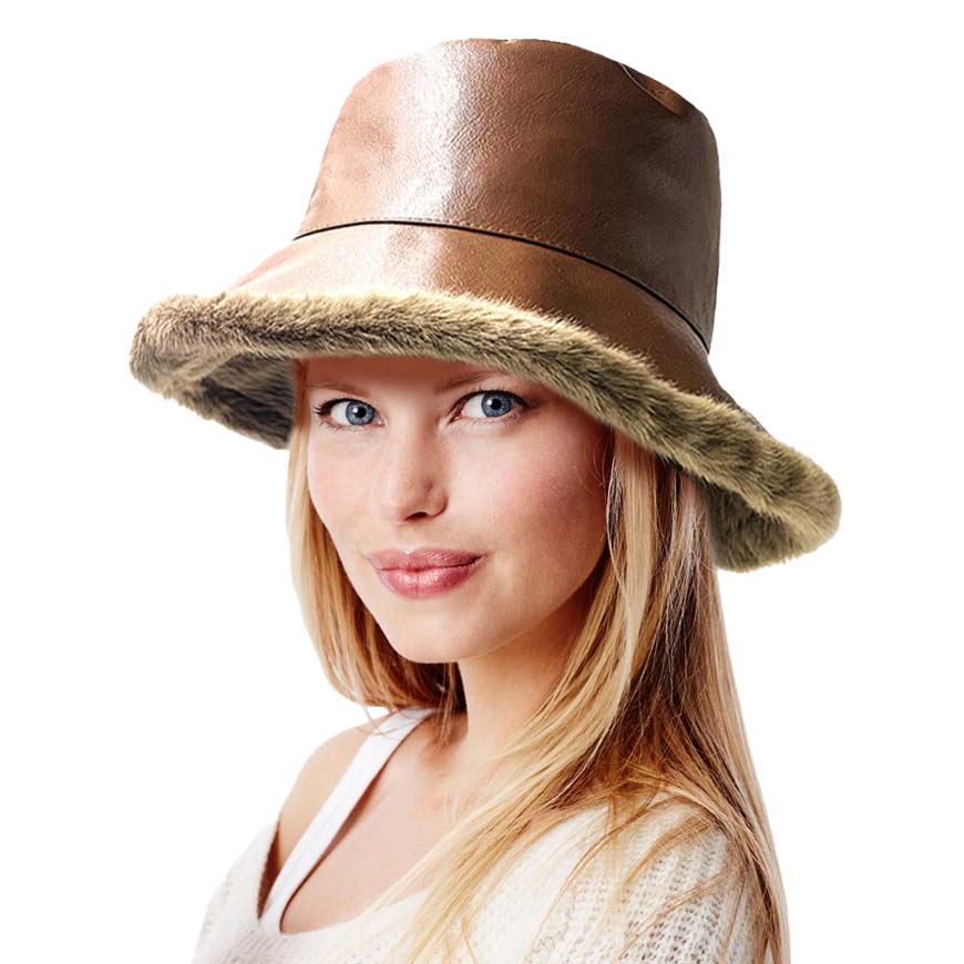 Faux Fur Inside Brim Solid Bucket Hat