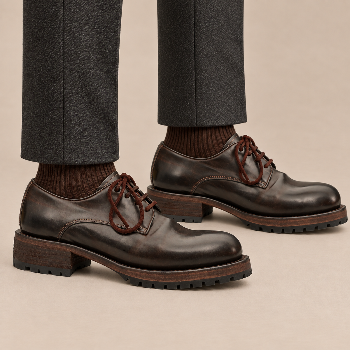 Dark Brown Plain-Toe Horse Butt Leather Derby Shoes