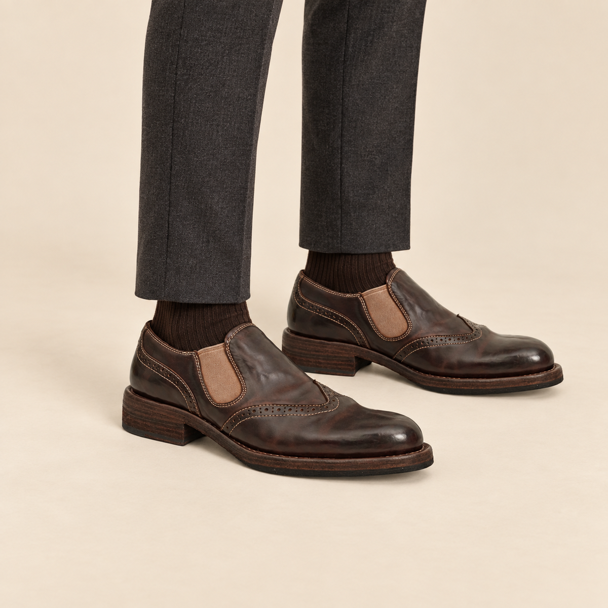 Dark Brown Plain-Toe Horse Butt Leather Loafers