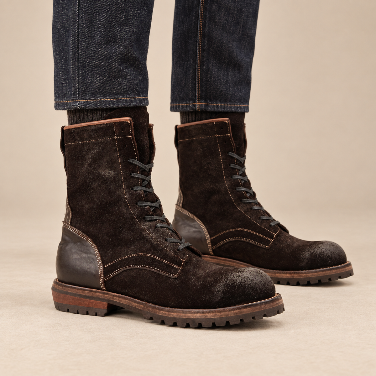 Dark Brown Plain-Toe Suede Leather Ankle Boots
