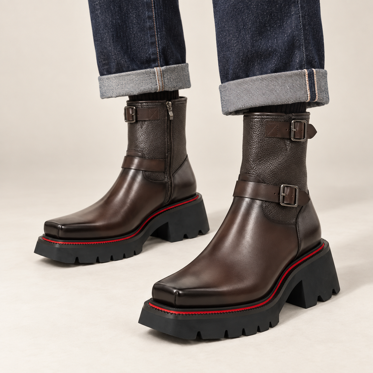 Dark Brown Square-Toe Calf Leather Buckle Ankle Boots