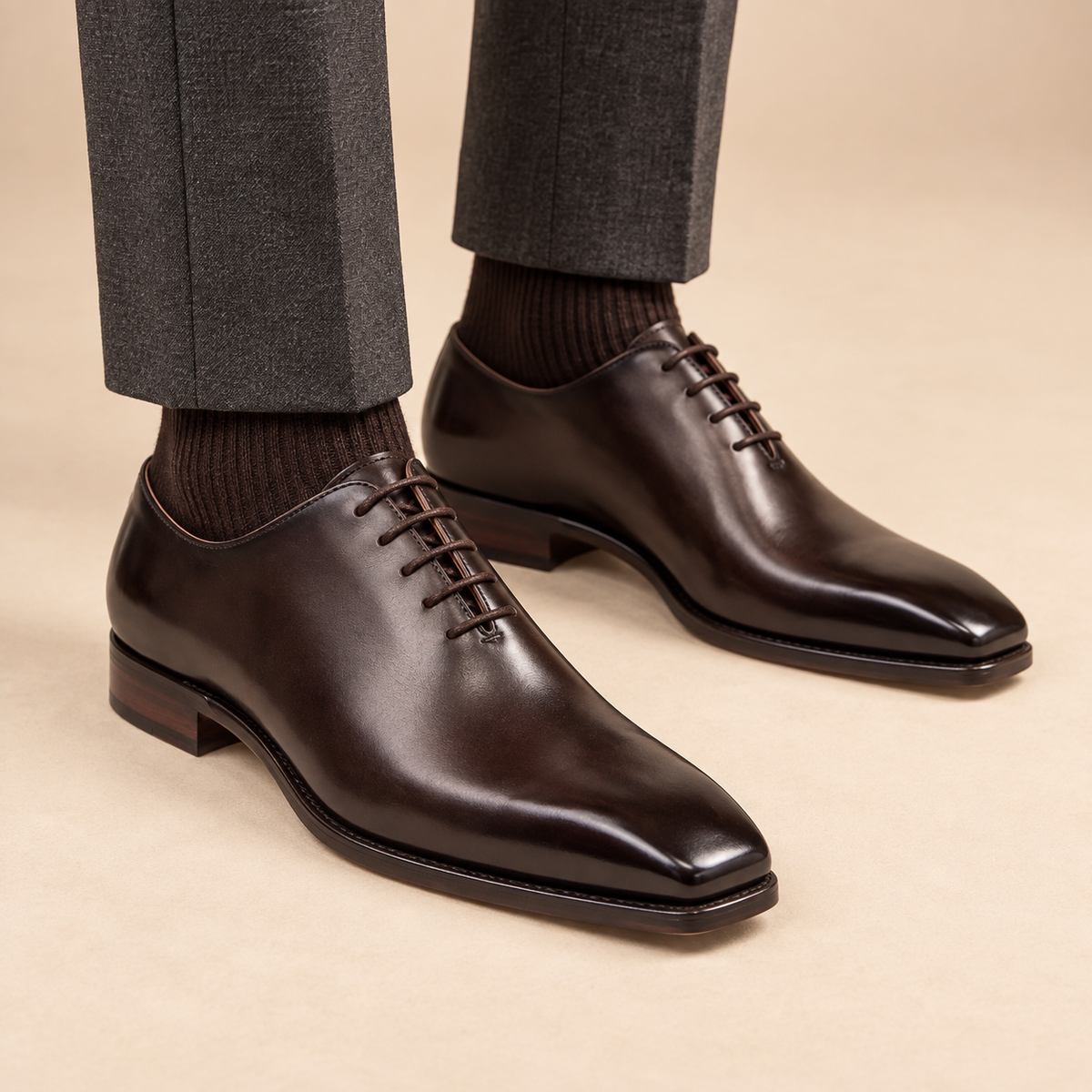 Dark Brown Square-Toe Calf Leather Oxford Shoes